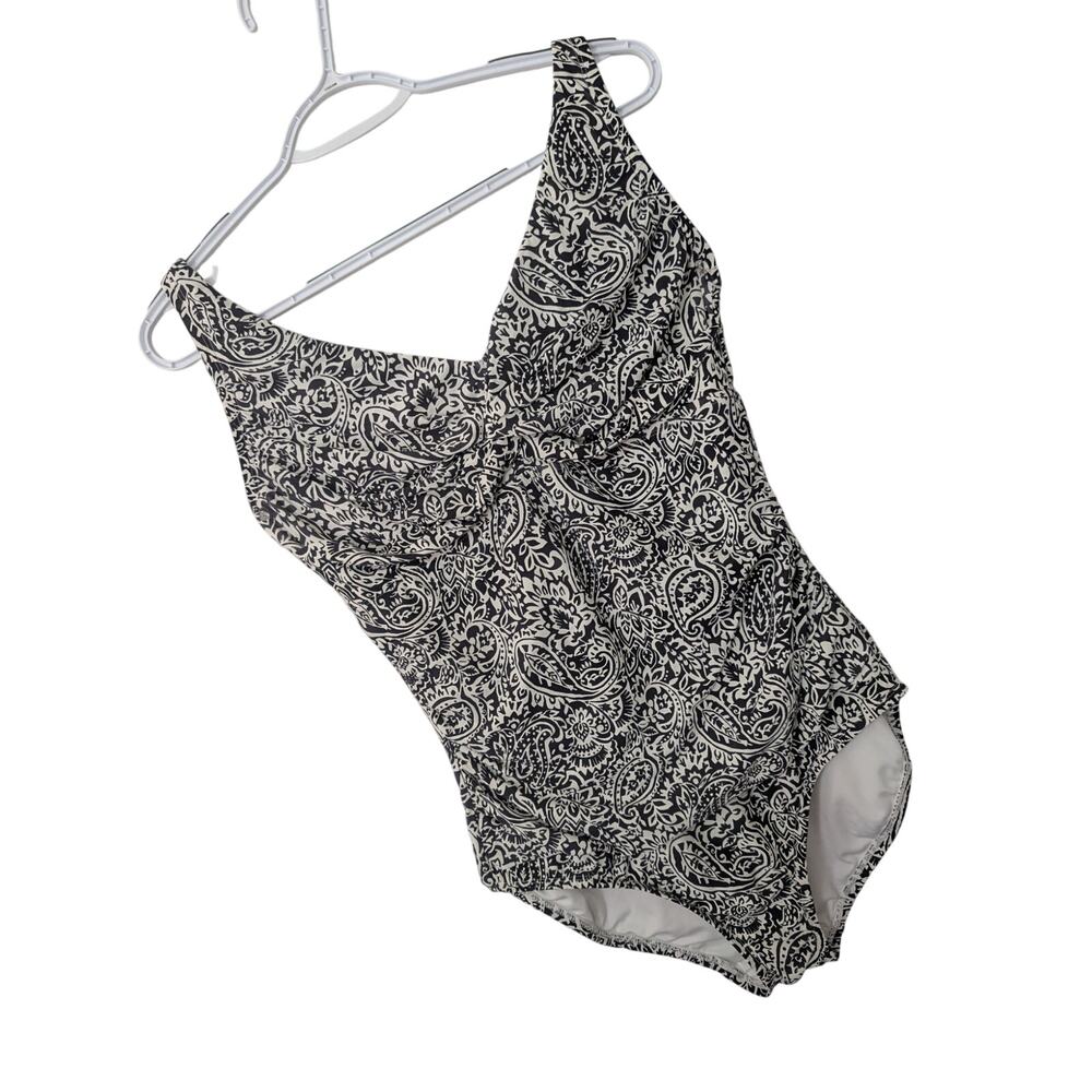 LANDS' END! GORGEOUS BLACK & WHITE PAISLEY SHIRRED BODICE 1 PC SWIMSUIT! SZ M
